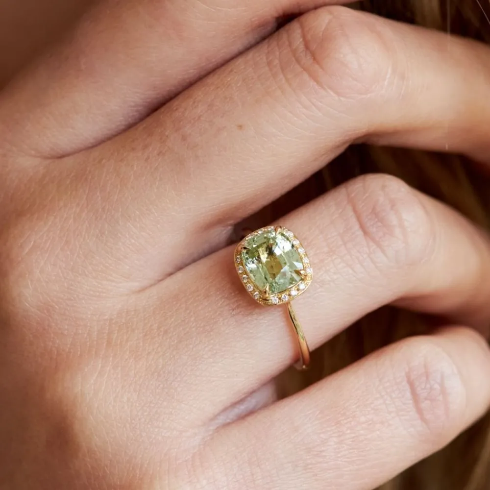 Dinny Hall Sheba Cushion 18K Fine Green Garnet & Diamond Ring