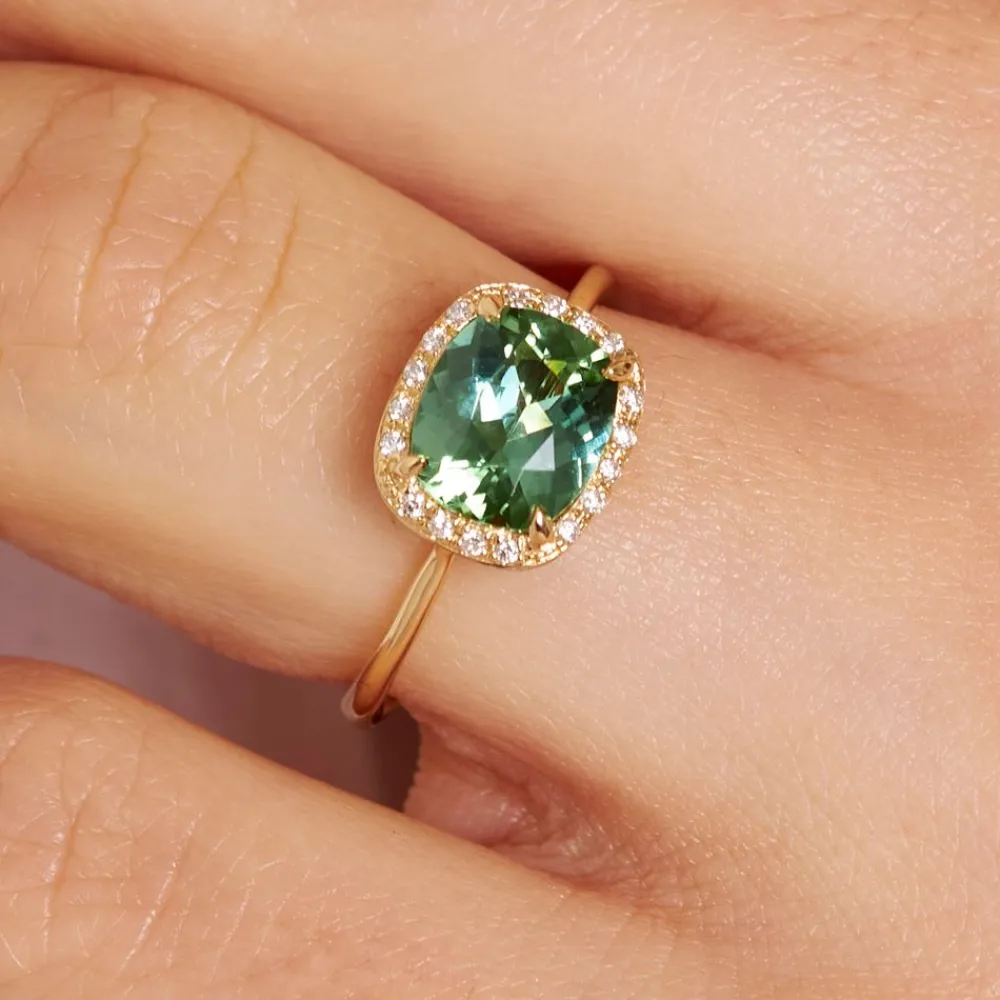 Dinny Hall Sheba Cushion 18K Fine Green Tourmaline & Diamond Ring
